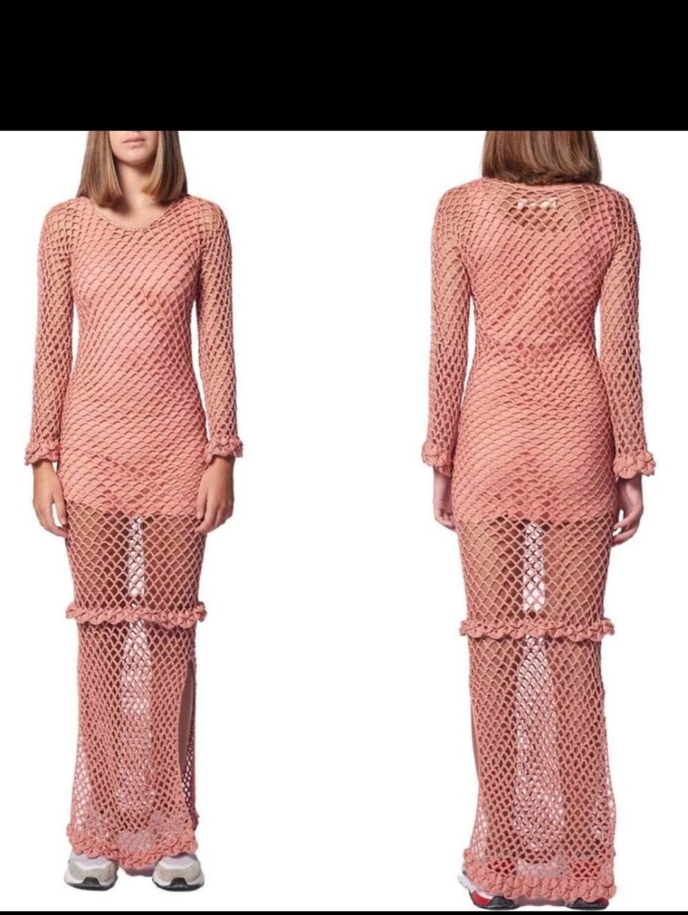 AYNI Pink Coral Imac Long Sleeve Maxi Dress Crochet Side Slits Size Large L NWT